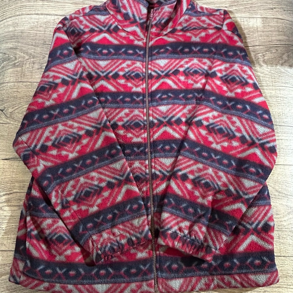 Vintage Haband Aztec Print Fleece Jacket | Red Blue Gray | Medium